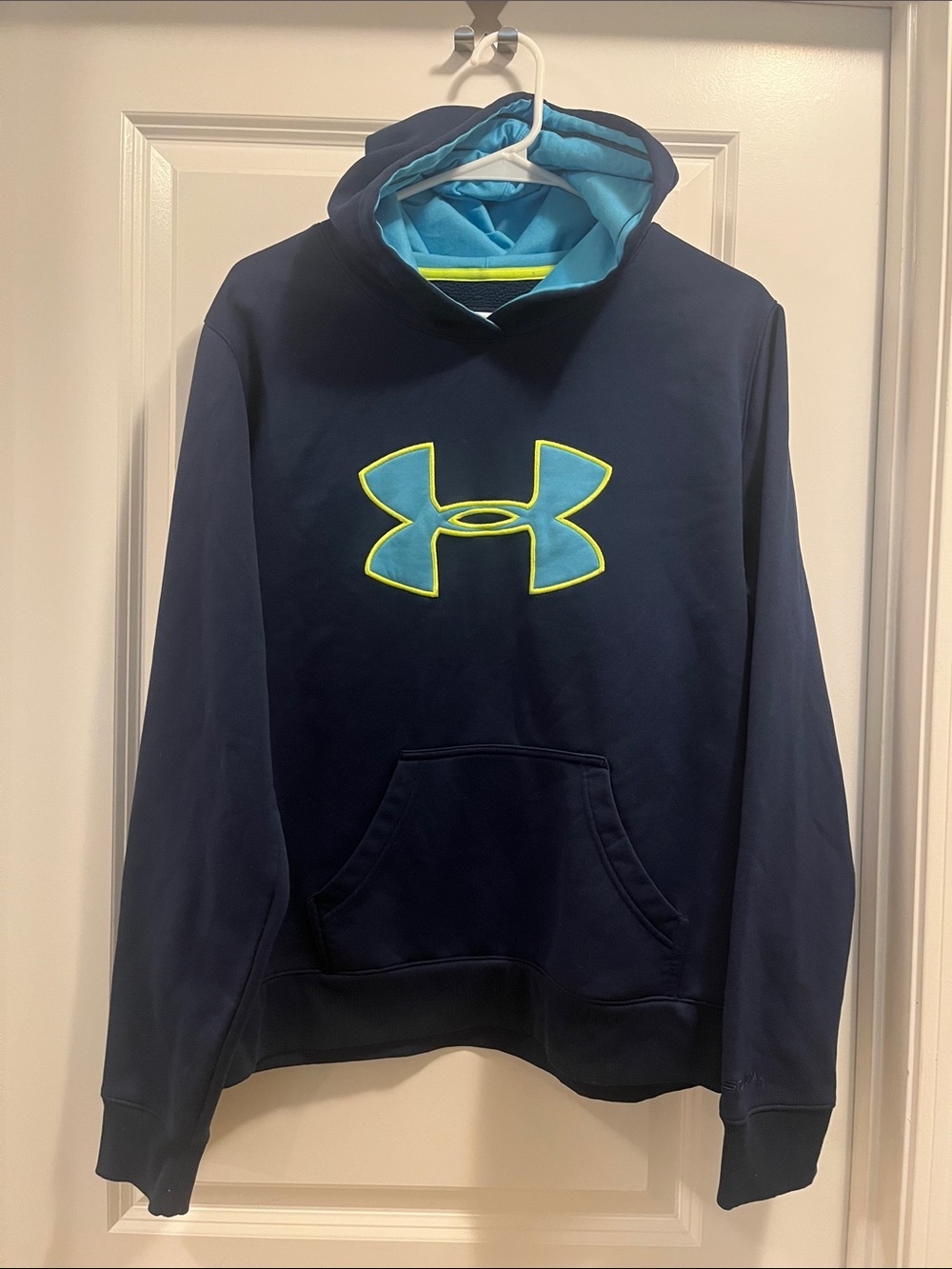 Under Armour Navy Hoodie with Light Blue Logo and Neon Yellow/Green Trim